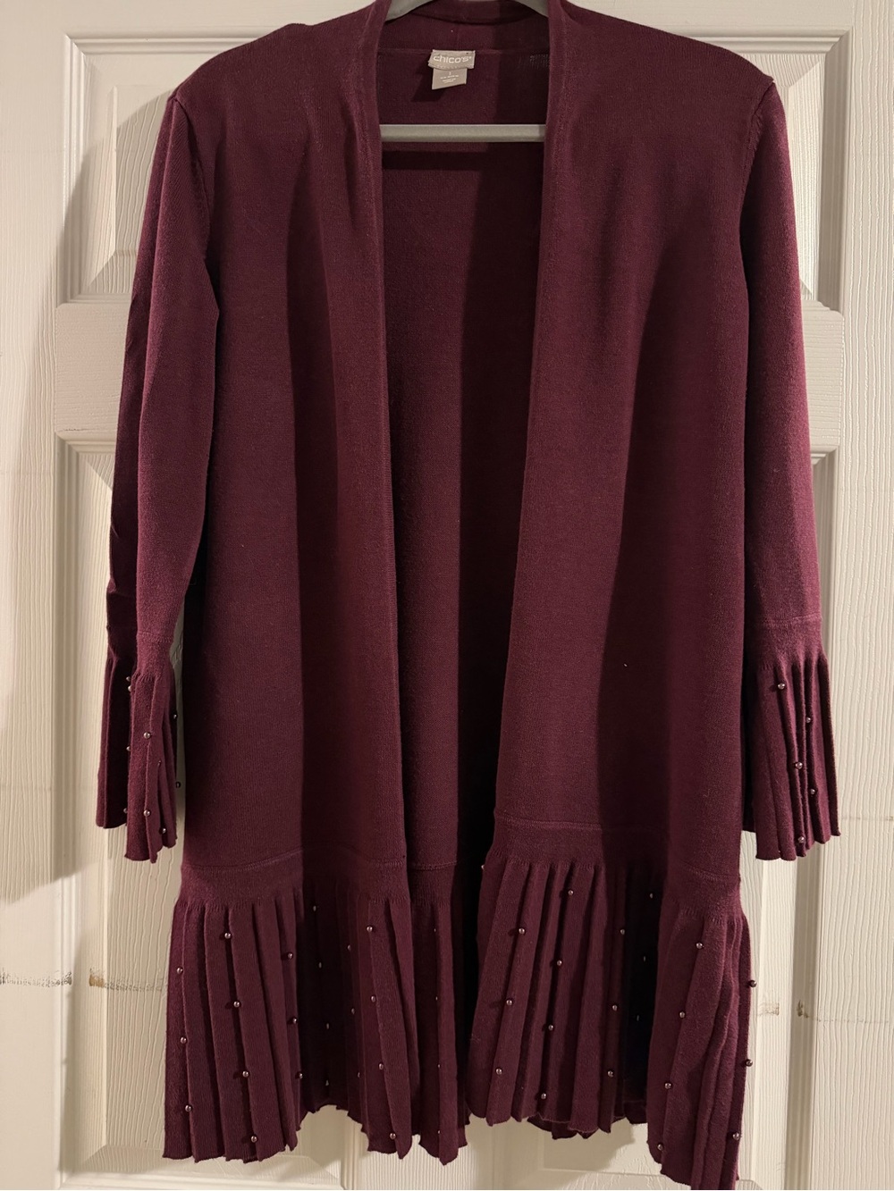 Chico's Plum Open-Front Cardigan with Pleated Hem and Bead Accents